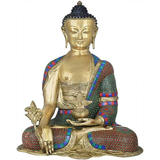 Exotic India Shakyamuni Buddha Seated on Lotus Multicolor Tibetan Buddhist 